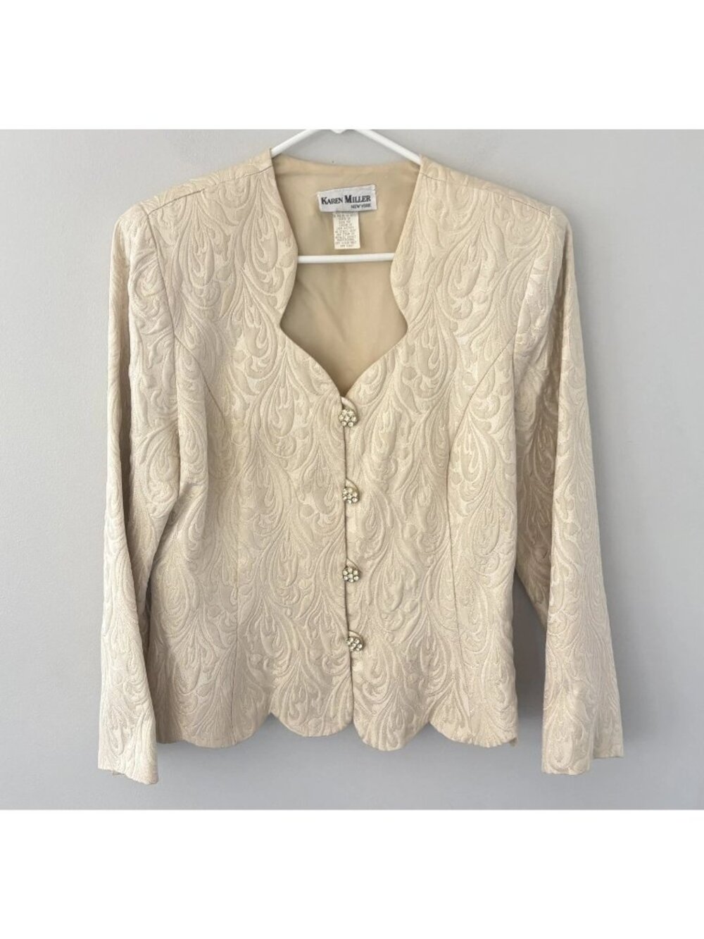 Karen Miller New York Size 11-12 Brocade Beige Jacquard Blazer Jacket Flaws****